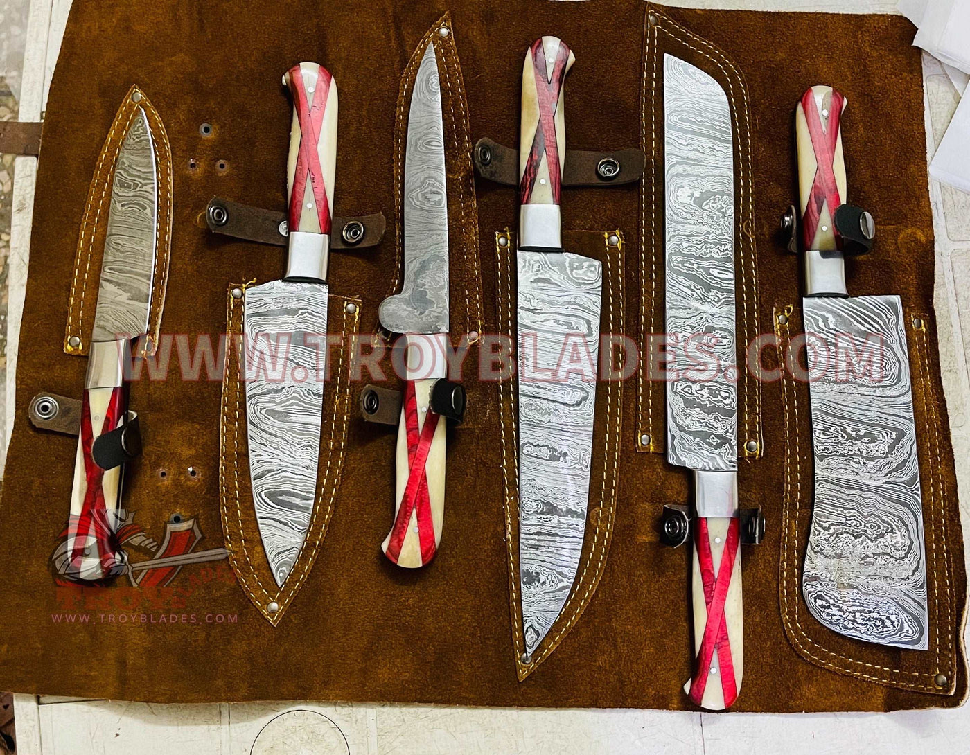 Beautiful Custom Blue hand made Damascus steel kitchen knives set 06 All - Troy Blades