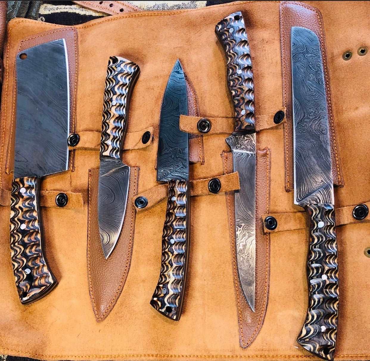 Custom Hand Made Damascus Steel Complete BBQ/Chef/Kitchen Knife Set - Troy Blades