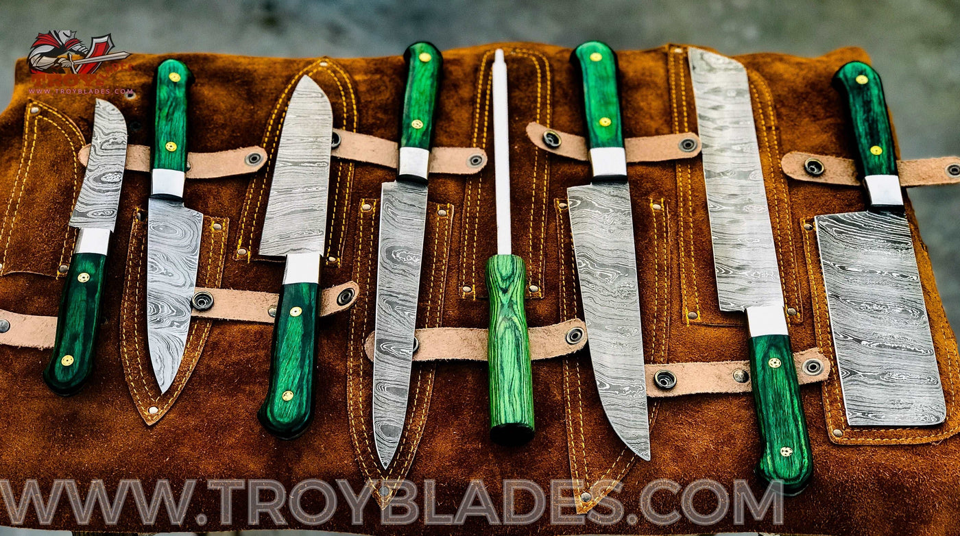 Custom hand made Damascus steel kitchen knives set 1081gr - Troy Blades