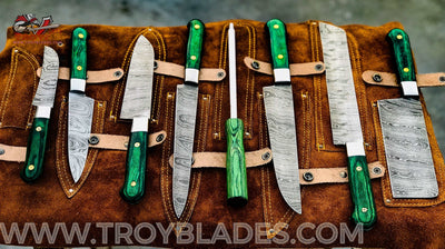 Custom hand made Damascus steel kitchen knives set 1081gr - Troy Blades
