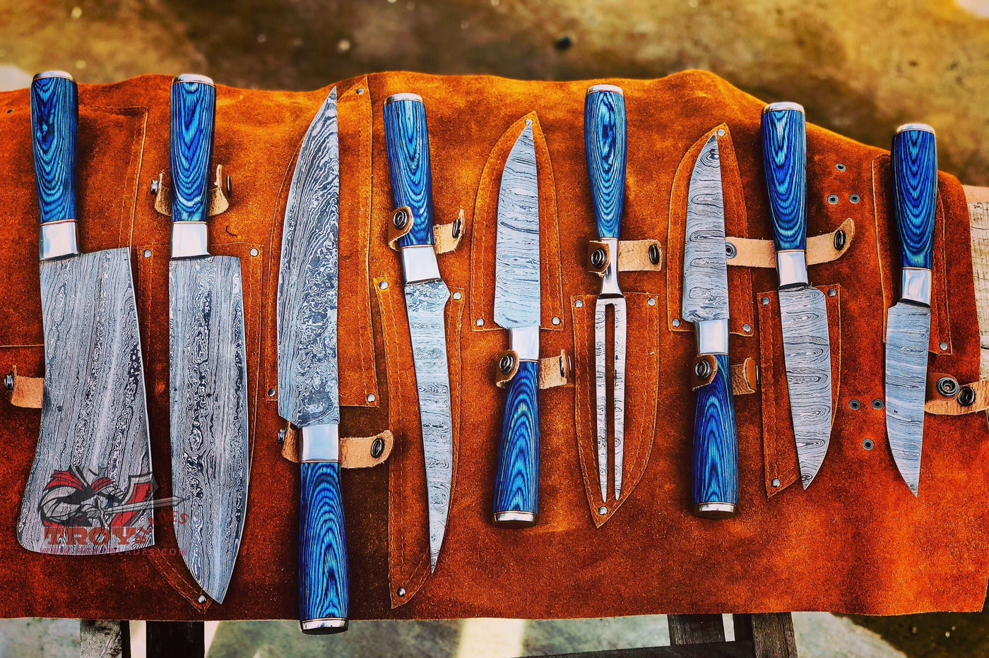 Beautiful Custom Handmade Damascus BBQ/kitchen knives 09 pcs - Troy Blades