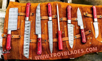Custom hand made Damascus steel kitchen knives set - Troy Blades