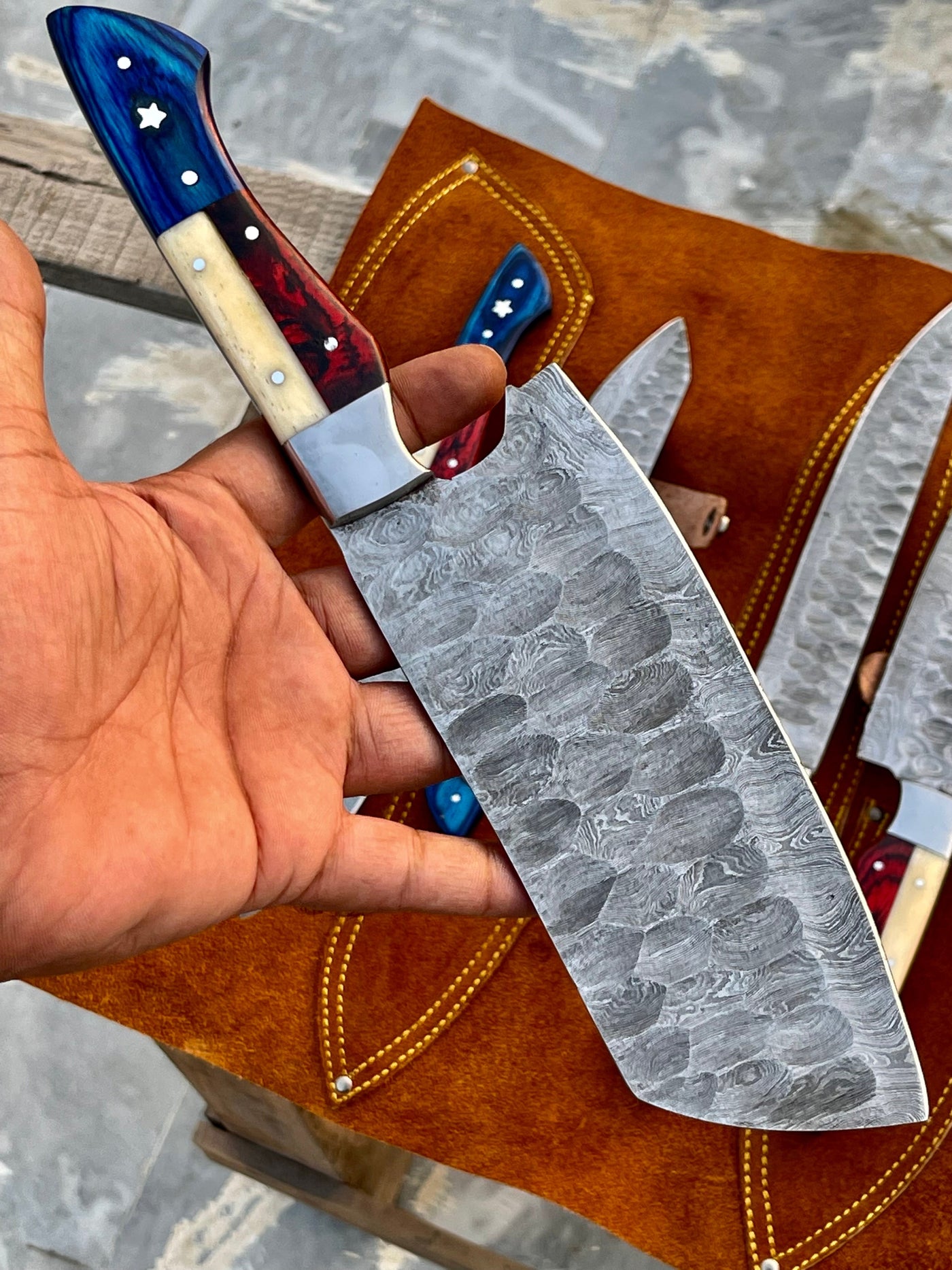 Texas Flag Handles Custom Handmade Damascus Outdoor Kitchen/BBq knives set - Troy Blades