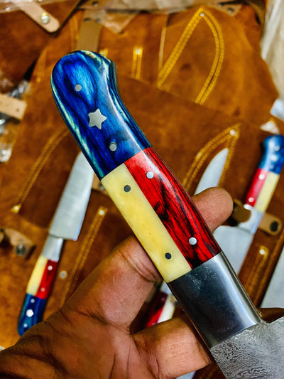 Texas Handles Beautiful Custom hand made Damascus steel kitchen knives set - Troy Blades