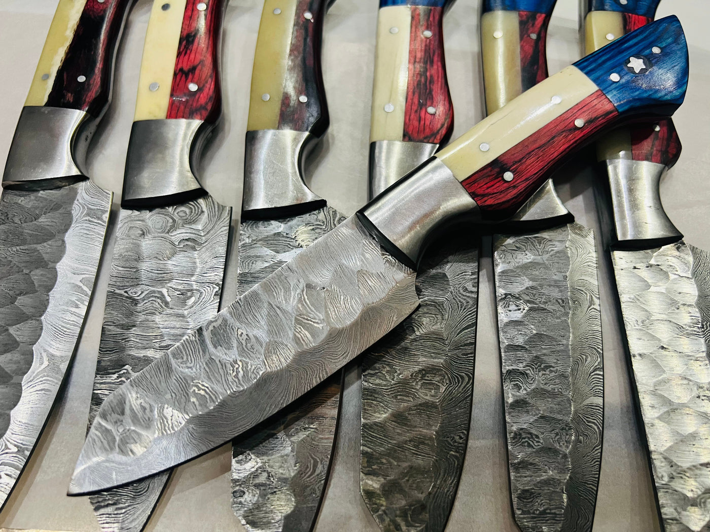 Texas Handles Custom Handmade Damascus Steak knives with leather roll - Troy Blades