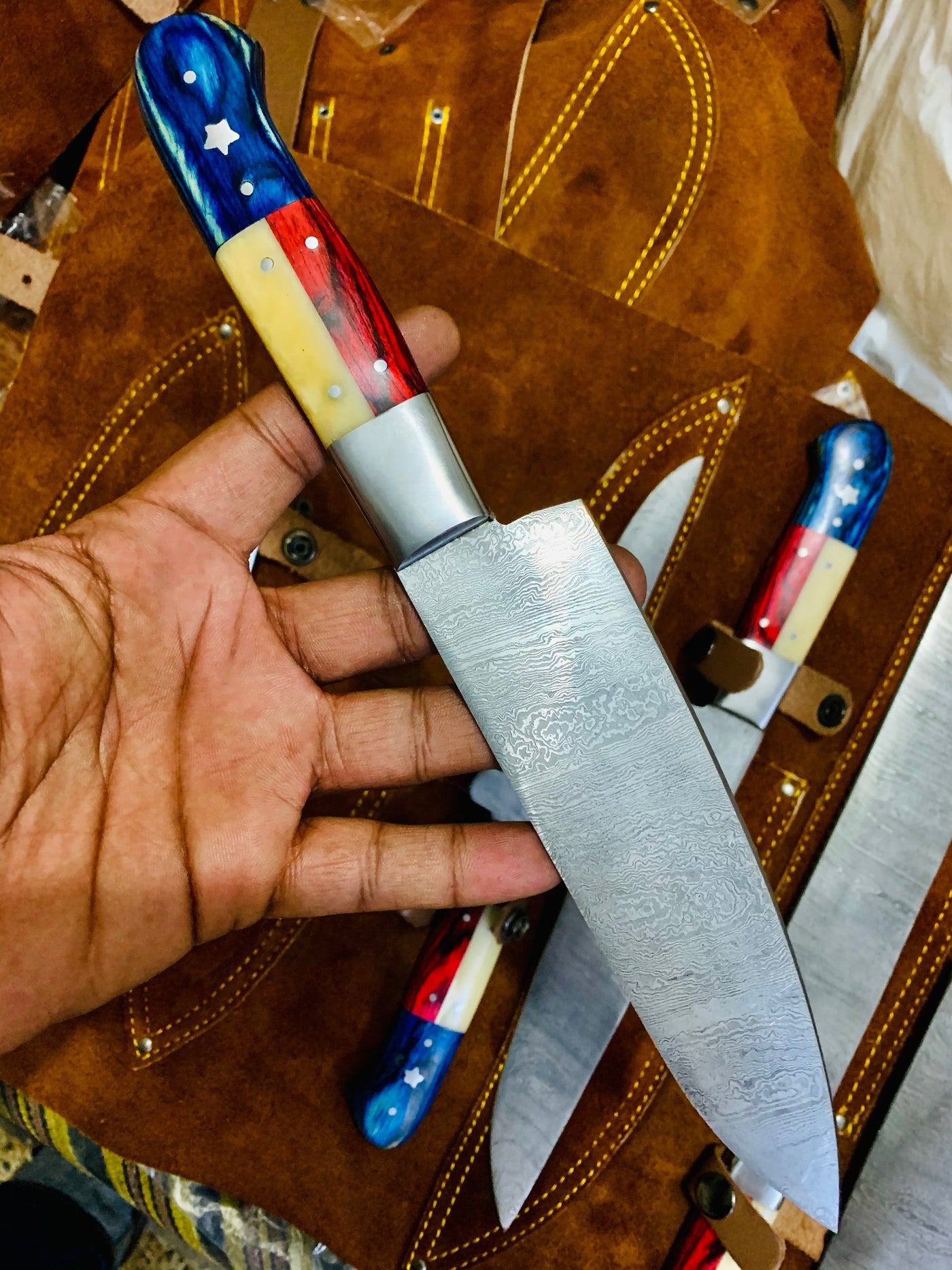 Texas Handles Beautiful Custom hand made Damascus steel kitchen knives set - Troy Blades