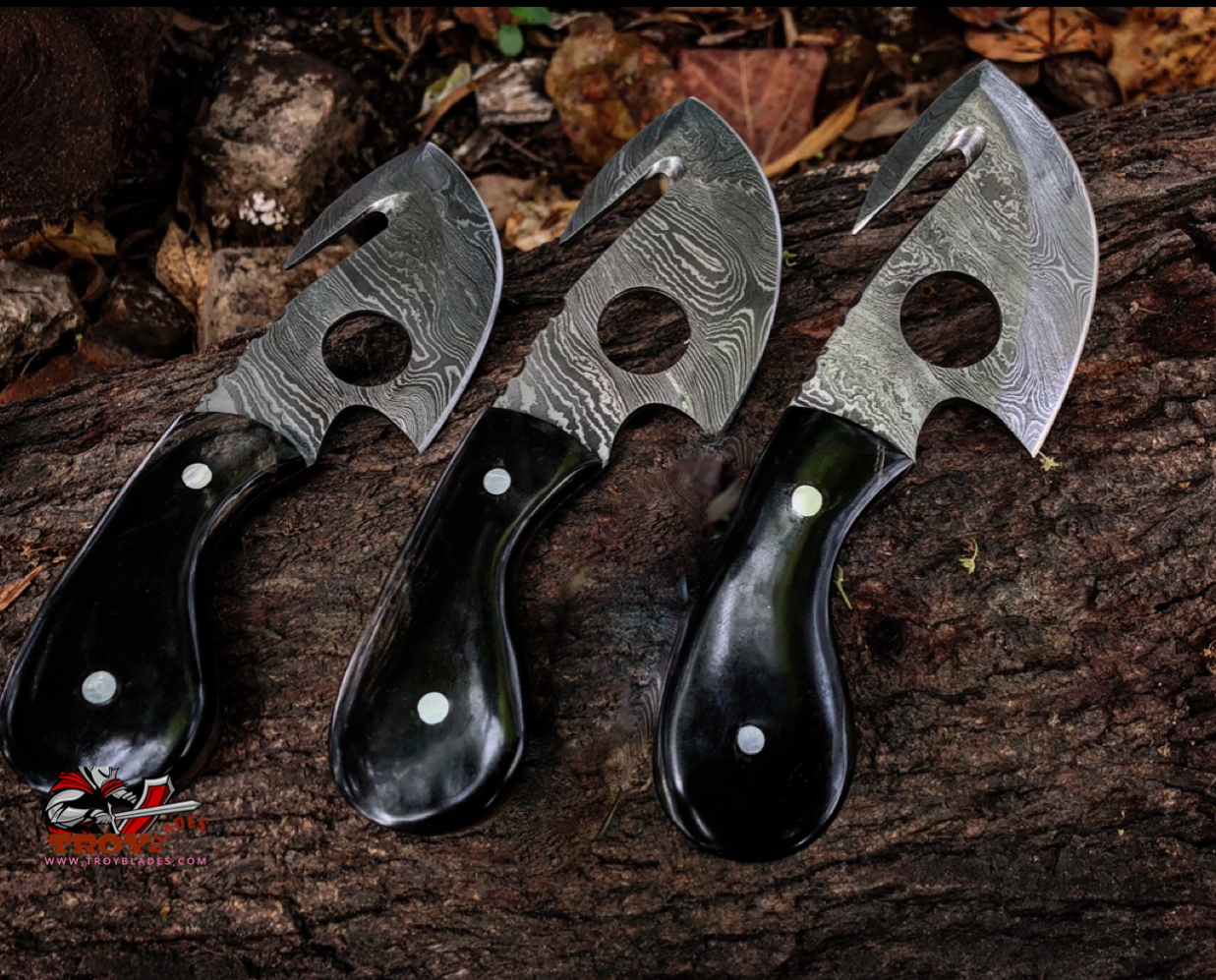 Deal of 3 Custom Handmade Damascus skinning knives with sheathes - Troy Blades