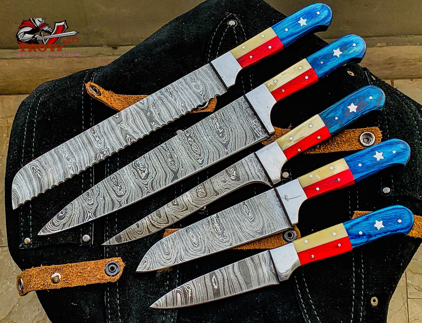 Texas Flag Handles Custom Handmade Damascus Pro Chef Kitchen/BBq knives set - Troy Blades