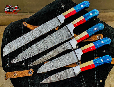 Texas Flag Handles Custom Handmade Damascus Pro Chef Kitchen/BBq knives set - Troy Blades