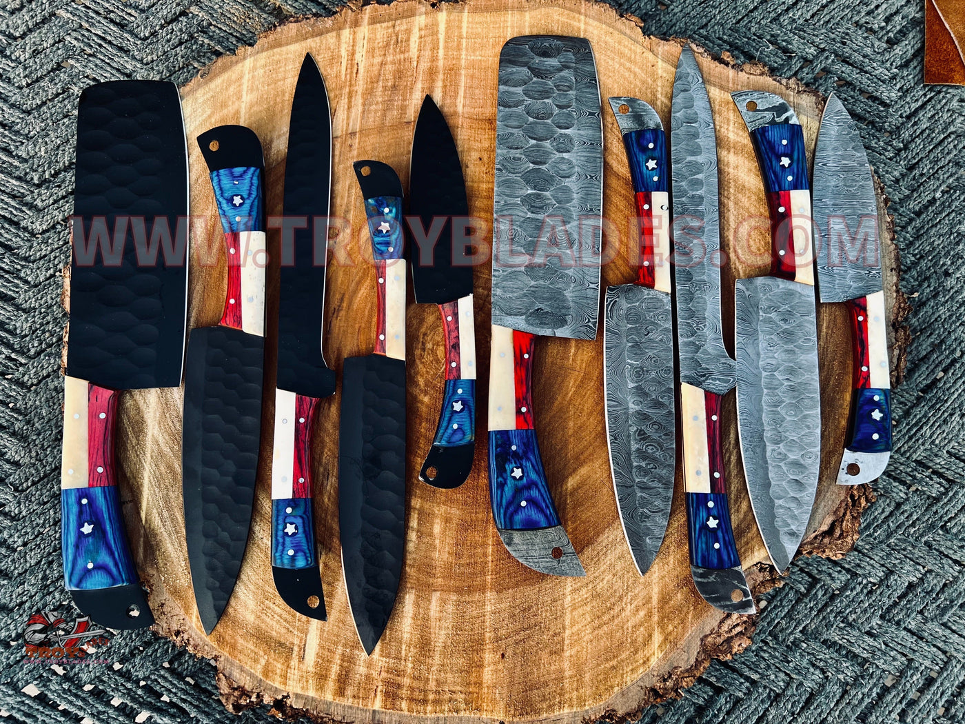 Texas Handles Beautiful Custom Handmade Damascus BBQ/kitchen knives sets - Troy Blades