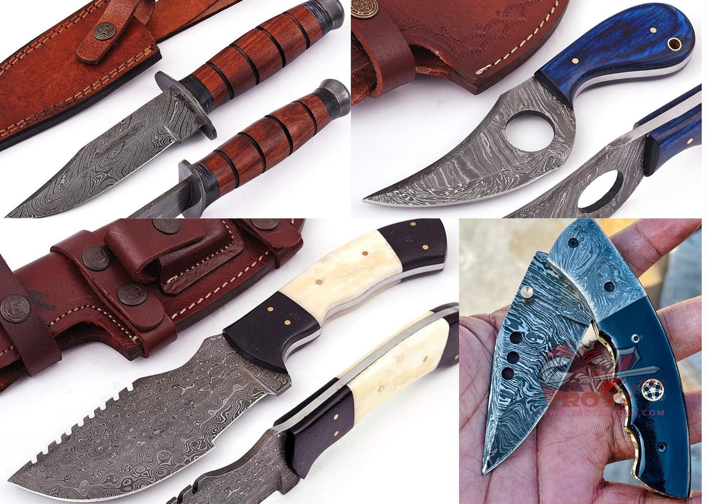 Deal of 4 custom Handmade Damascus knives with sheathes - Troy Blades