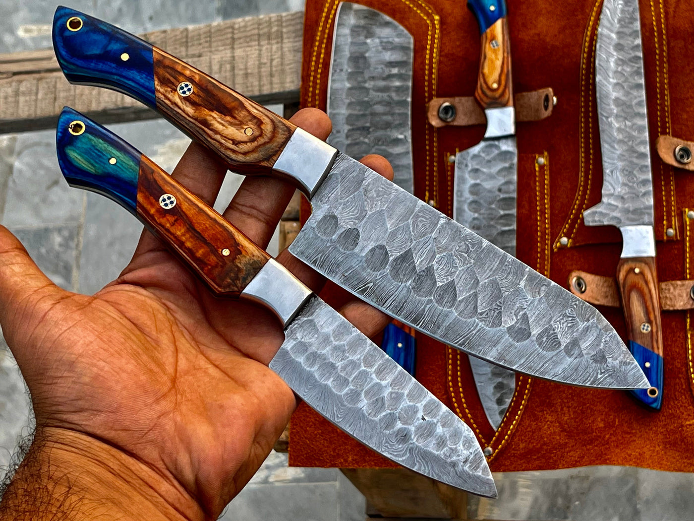 HAND FORGED DAMASCUS STEEL CHEF KNIFE Set Kitchen Knives -Pro5 - Troy Blades
