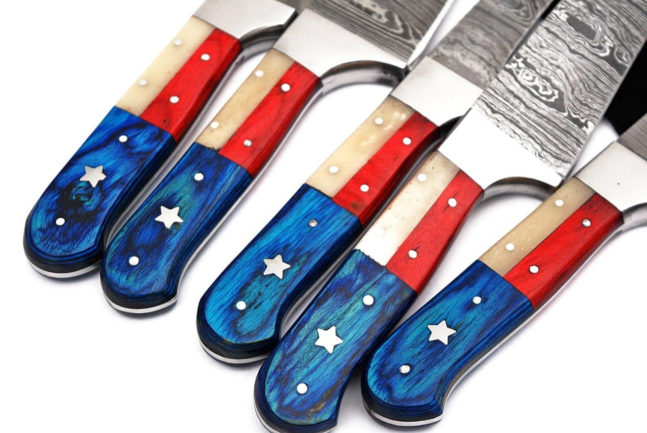 Texas Flag Handles Custom Handmade Damascus Pro Chef Kitchen/BBq knives set - Troy Blades