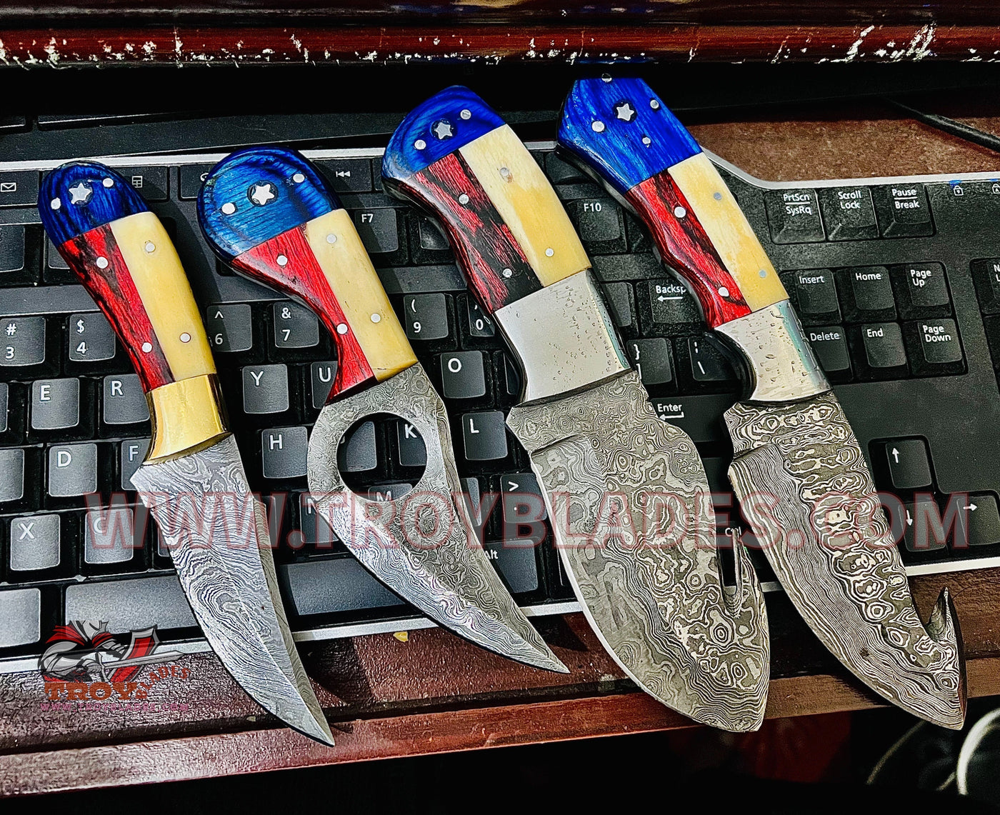 Texas Flag Handles Beautiful Custom Handmade Damascus Camp Hunting Skinning Knives - Troy Blades