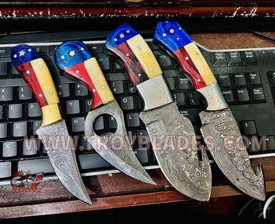 Texas Flag Handles Beautiful Custom Handmade Damascus Camp Hunting Skinning Knives - Troy Blades