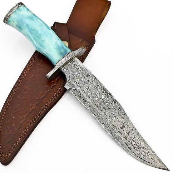 Brand new Custom Handmade Damascus bowie with leather sheathe - Troy Blades