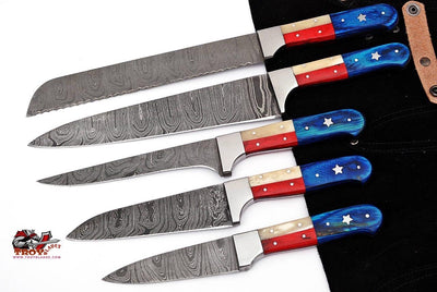 Texas Flag Handles Custom Handmade Damascus Pro Chef Kitchen/BBq knives set - Troy Blades