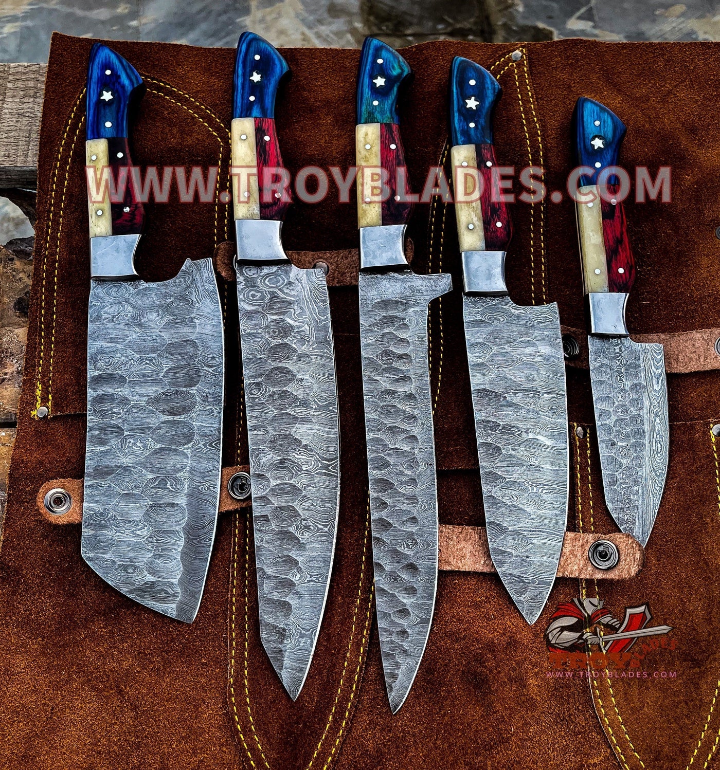 Texas Flag Handles Custom Handmade Damascus Outdoor Kitchen/BBq knives set - Troy Blades