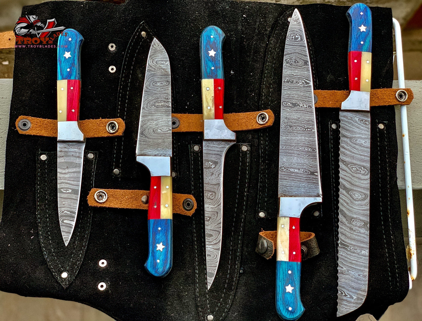 Texas Flag Handles Custom Handmade Damascus Pro Chef Kitchen/BBq knives set - Troy Blades