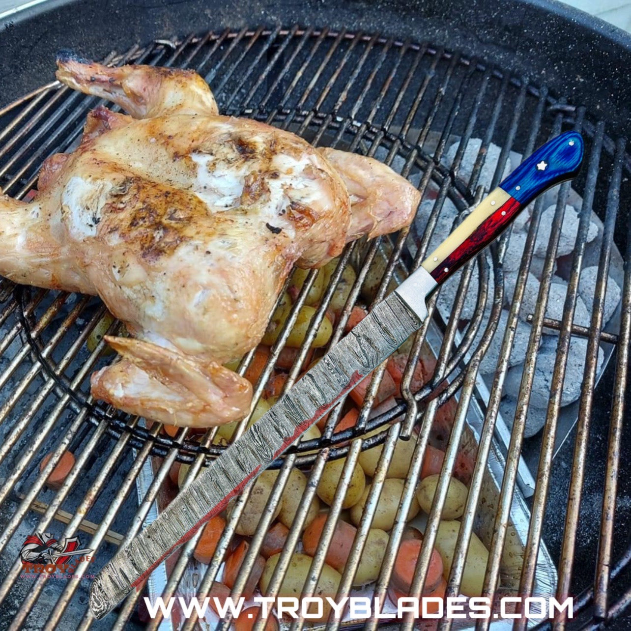 Texas Handles Beautiful Handmade Damascus brisket knife - Troy Blades