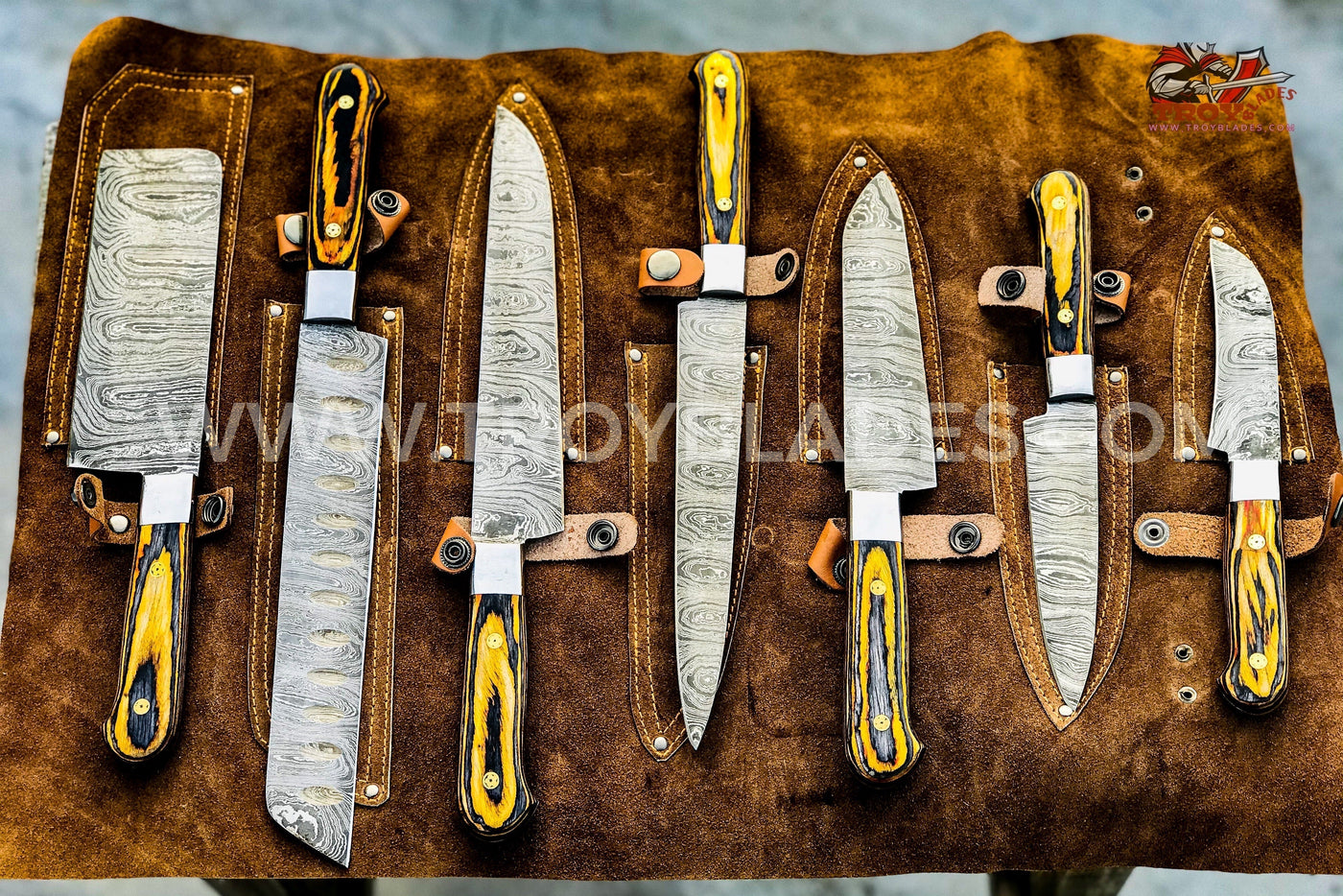 Beautiful Custom Handmade Damascus kitchen knives set - Troy Blades
