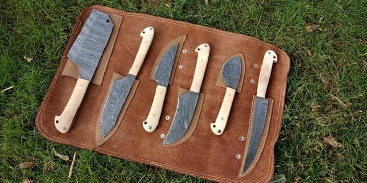 Custom handmade Damascus bbq and kitchen knives set - Troy Blades