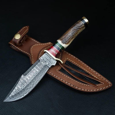 Best Christmas Gift Idea-Free Engraving-Custom Handmade Damascus Antler handle bowie with leather sheathe - Troy Blades