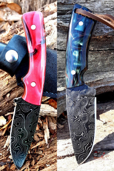 Epoxy Handles handmade Tear drop Damascus hunting skinning edc knives with belt loop sheathe - Troy Blades