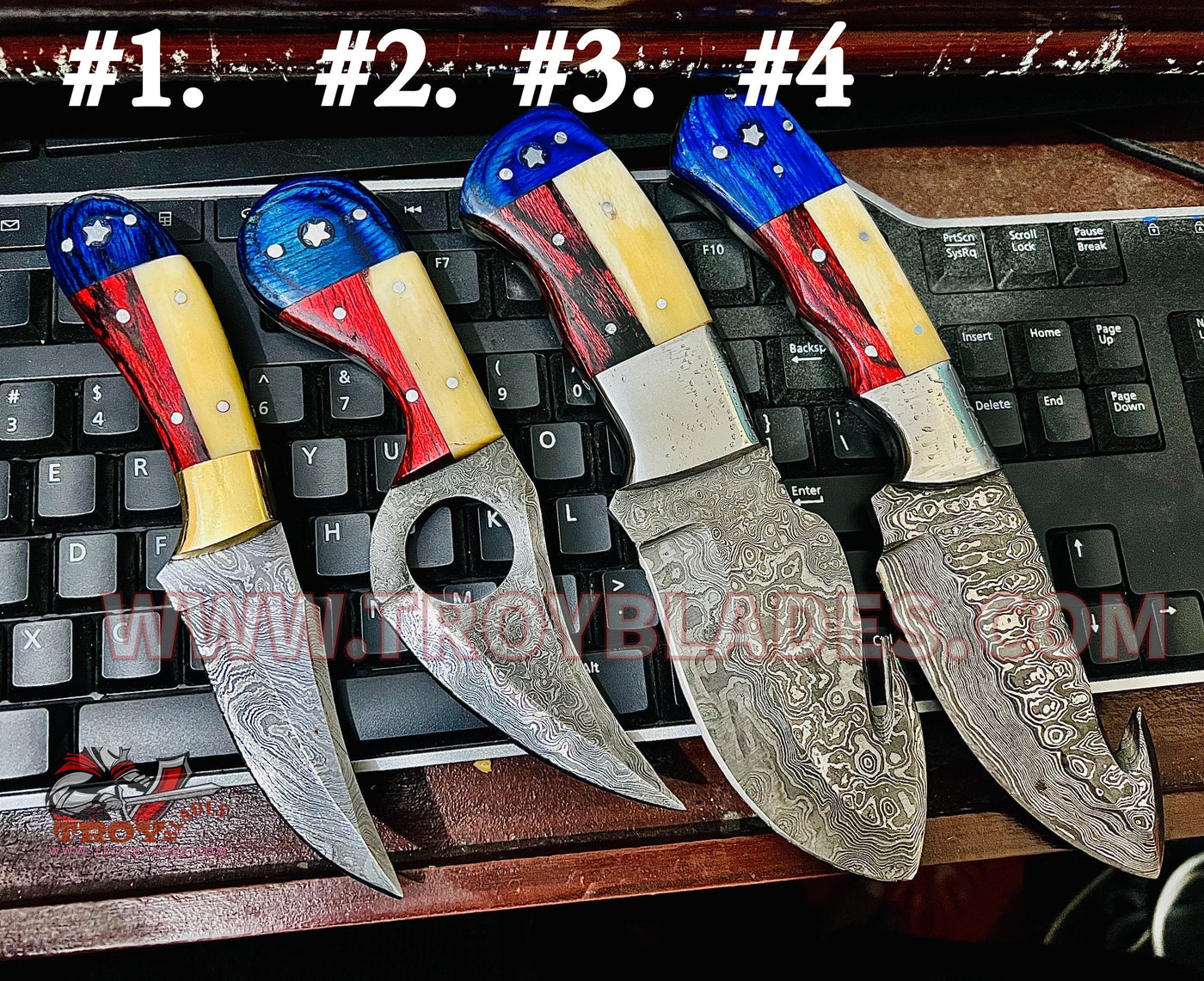 Texas Flag Handles Beautiful Custom Handmade Damascus Camp Hunting Skinning Knives - Troy Blades