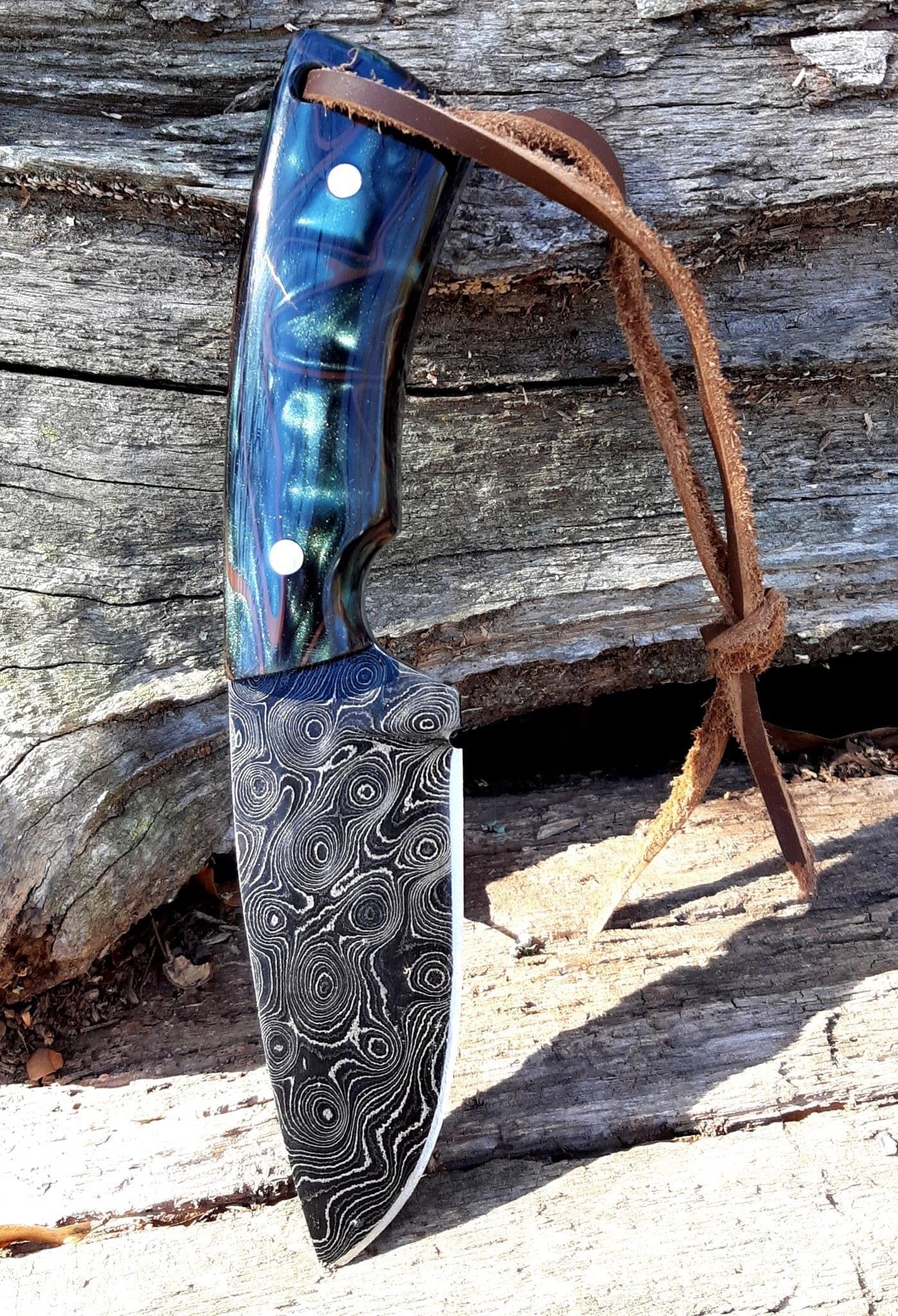 Epoxy Handles handmade Tear drop Damascus hunting skinning edc knives with belt loop sheathe - Troy Blades