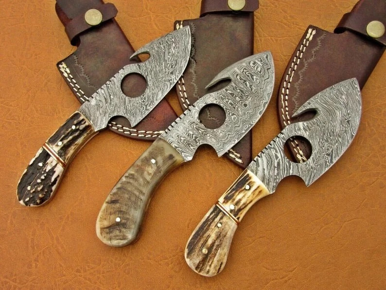 Lot of 3 Damascus Steel Custom Handmade Hunting Gut Hook Bushcraft Knife - Troy Blades