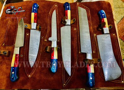 Texas Handles Beautiful Custom hand made Damascus steel kitchen knives set - Troy Blades