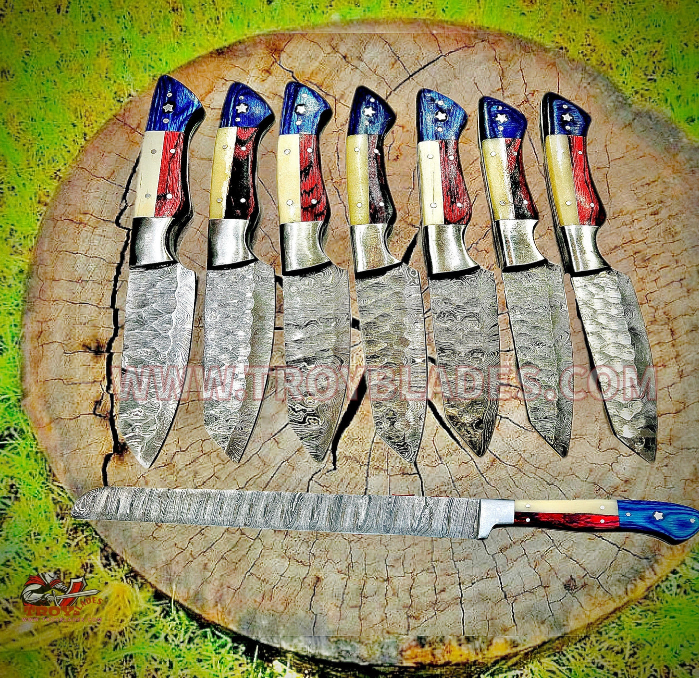 Texas Handles Custom Handmade Damascus Steak knives with leather roll - Troy Blades
