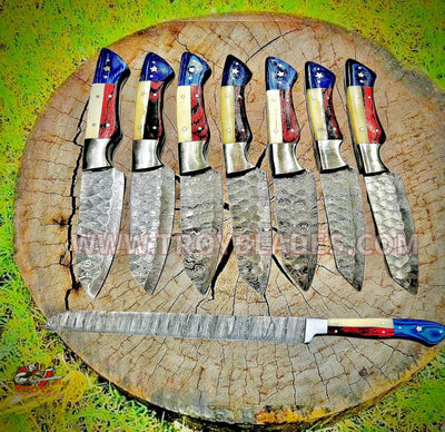 Texas Handles Custom Handmade Damascus Steak knives with leather roll - Troy Blades