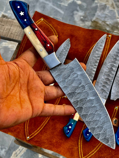 Texas Flag Handles Custom Handmade Damascus Outdoor Kitchen/BBq knives set - Troy Blades