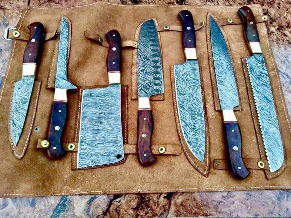 Custom handmade Damascus BBq kitchen knives set - Troy Blades
