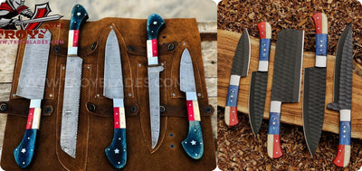 Texas Flag Handles Custom Handmade Damascus Outdoor Kitchen/BBq knives set - Troy Blades