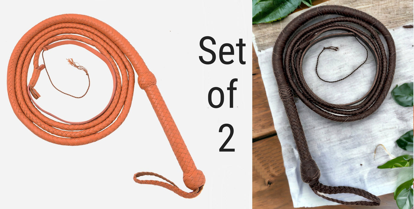 Deal of 2 Handmade Tan/Brown Color Kangaroo Leather Indiana Jones-style Whip - Troy Blades