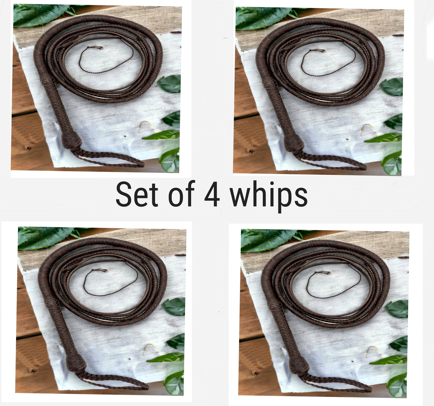 Deal of 4 Handmade All Brown Color Kangaroo Leather Indiana Jones-style Whip - Troy Blades