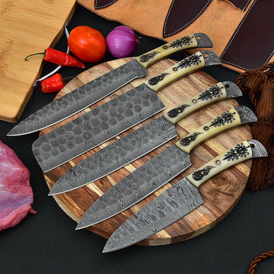 Custom Handmade HAND FORGED DAMASCUS STEEL CHEF KNIFE Set Kitchen Knives -Pro05 - Troy Blades