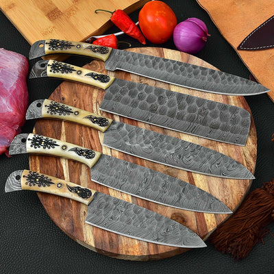 Custom Handmade HAND FORGED DAMASCUS STEEL CHEF KNIFE Set Kitchen Knives -Pro05 - Troy Blades