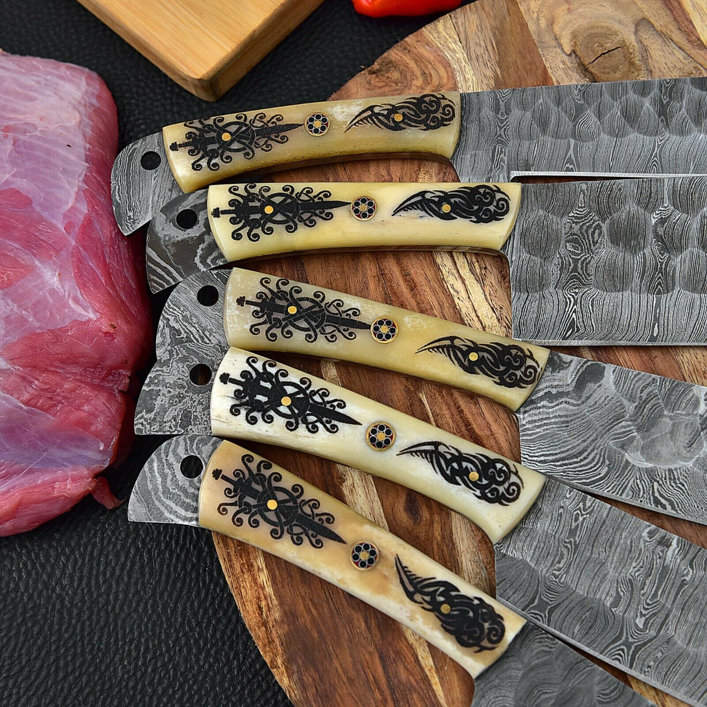 Custom Handmade HAND FORGED DAMASCUS STEEL CHEF KNIFE Set Kitchen Knives -Pro05 - Troy Blades