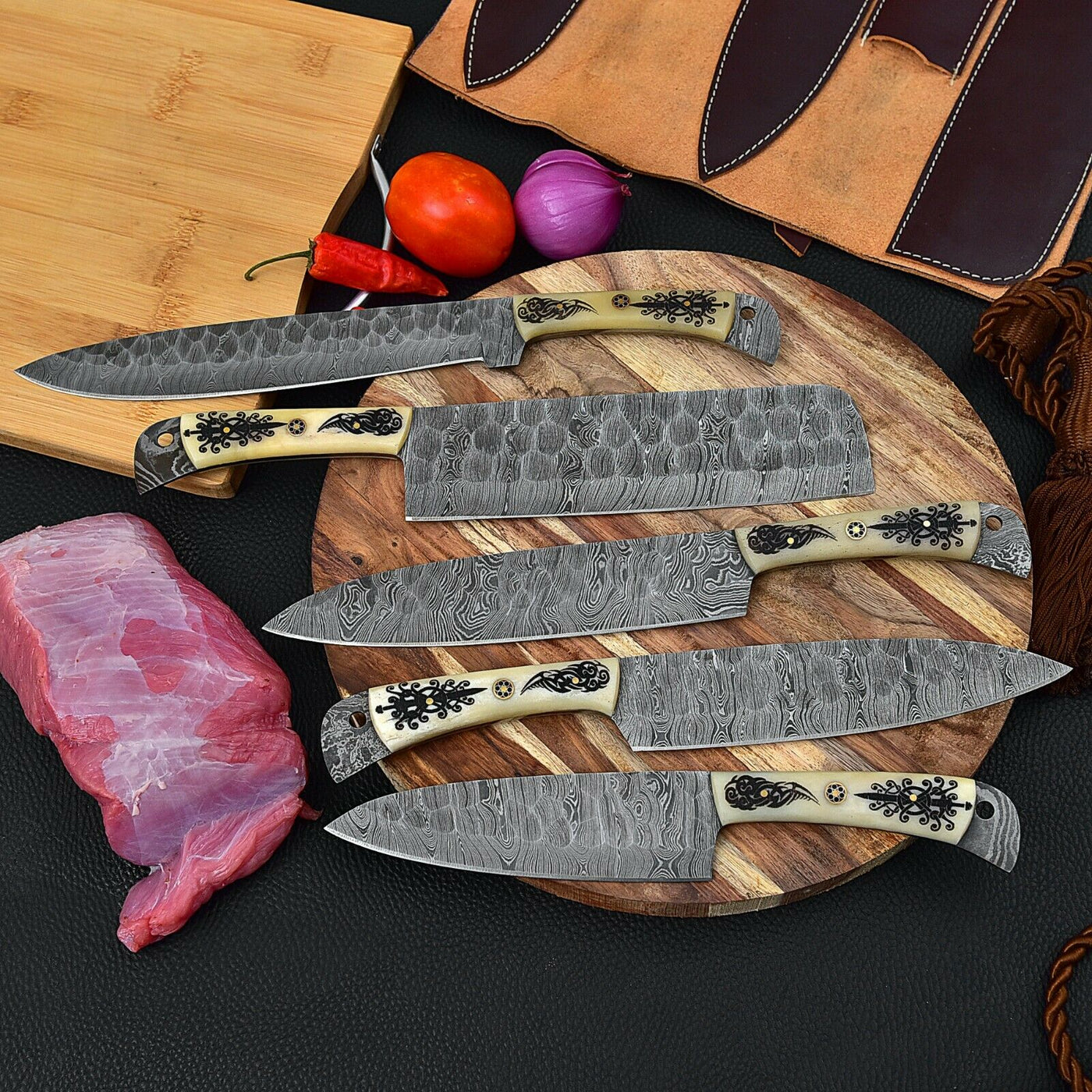 Custom Handmade HAND FORGED DAMASCUS STEEL CHEF KNIFE Set Kitchen Knives -Pro05 - Troy Blades