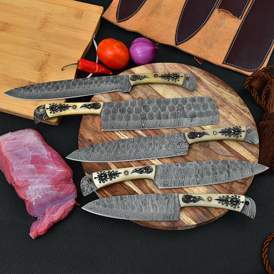 Custom Handmade HAND FORGED DAMASCUS STEEL CHEF KNIFE Set Kitchen Knives -Pro05 - Troy Blades