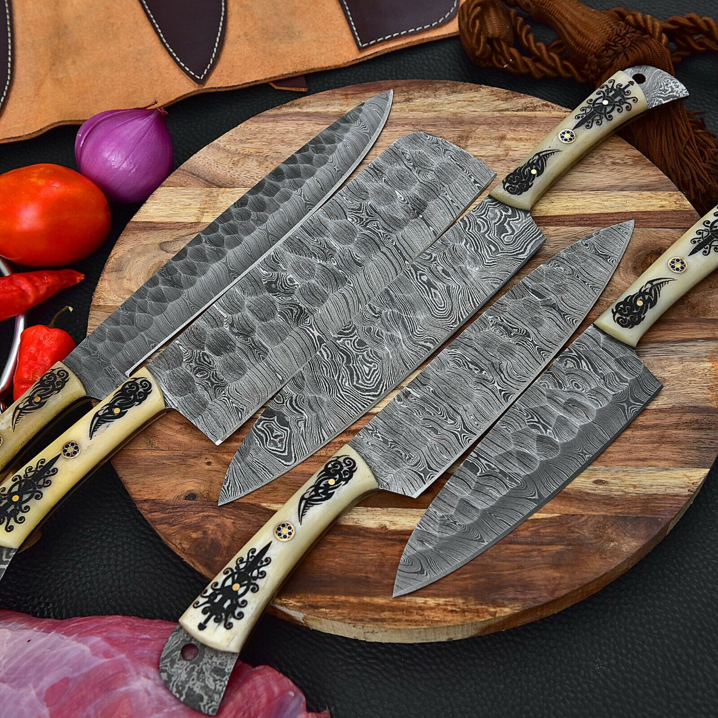 Custom Handmade HAND FORGED DAMASCUS STEEL CHEF KNIFE Set Kitchen Knives -Pro05 - Troy Blades