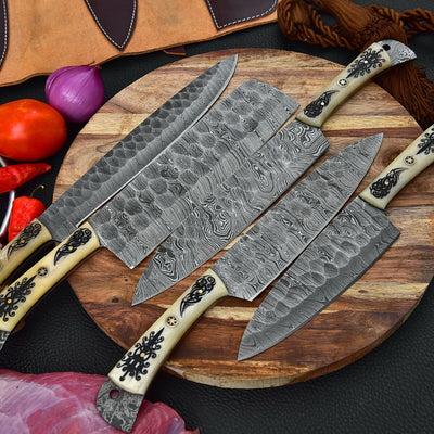 Custom Handmade HAND FORGED DAMASCUS STEEL CHEF KNIFE Set Kitchen Knives -Pro05 - Troy Blades