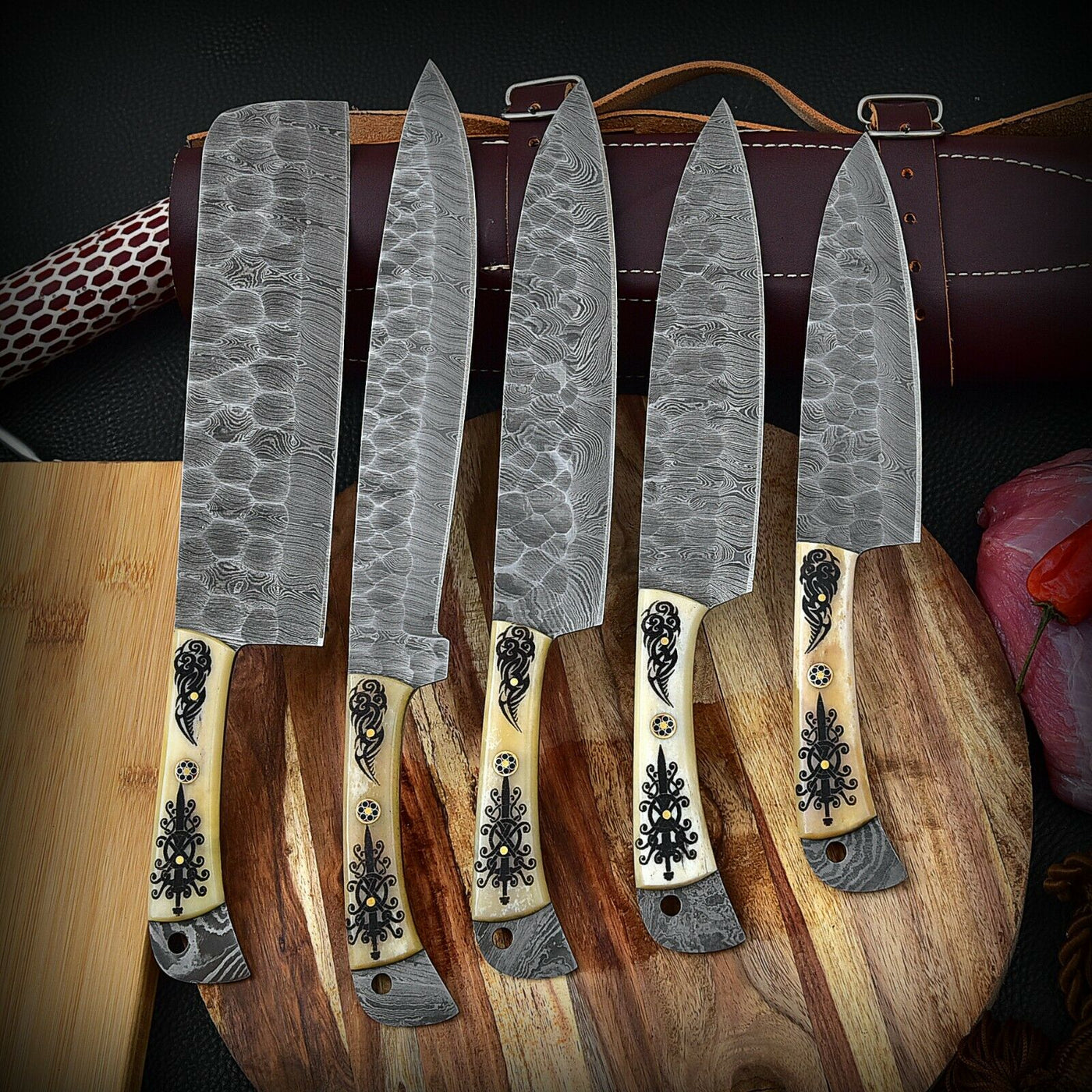 Custom Handmade HAND FORGED DAMASCUS STEEL CHEF KNIFE Set Kitchen Knives -Pro05 - Troy Blades