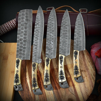 Custom Handmade HAND FORGED DAMASCUS STEEL CHEF KNIFE Set Kitchen Knives -Pro05 - Troy Blades