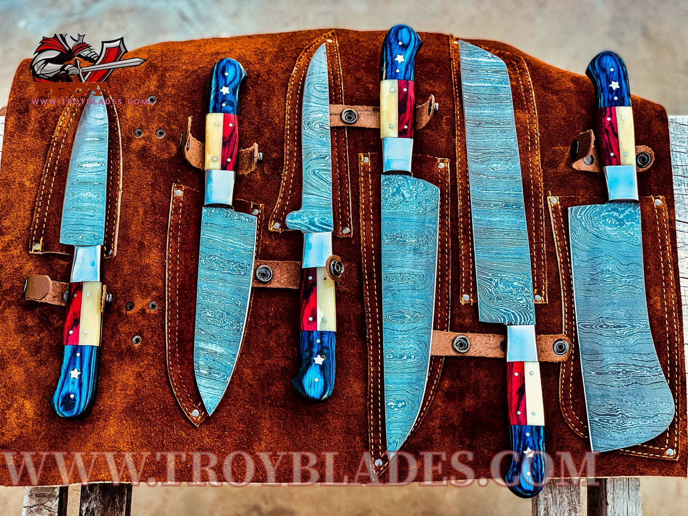 Beautiful Custom Blue hand made Damascus steel kitchen knives set 06 All - Troy Blades
