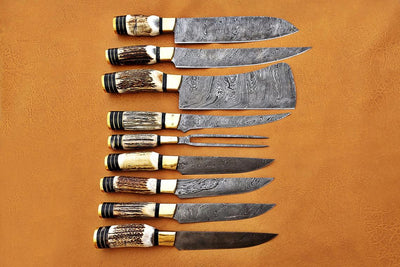 Custom handmade Damascus Antler handle Knives set 1091 - Troy Blades